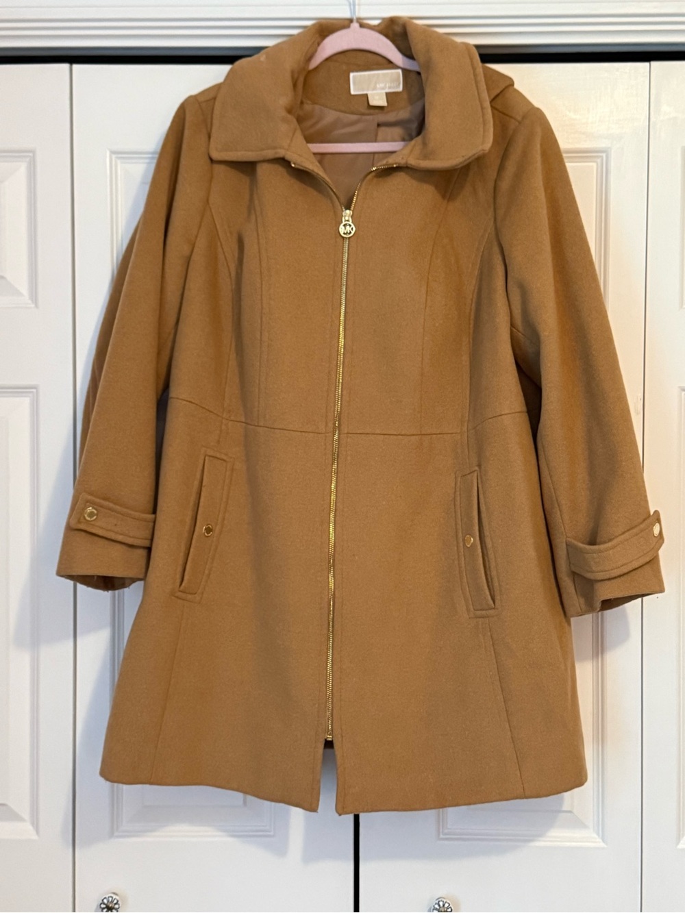 Michael Kors Camel Wool-Blend Zip Front Pea Coat
